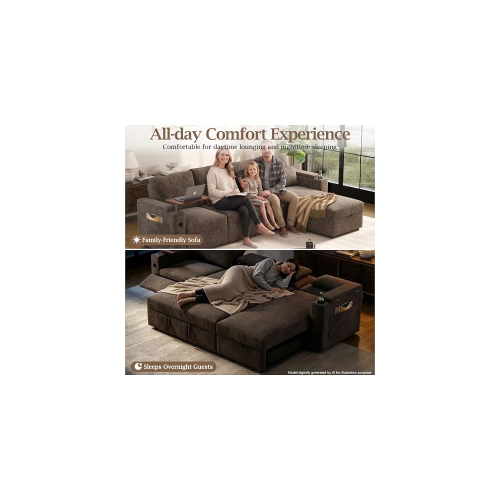 107.8'' Sleeper Sofa Bed, Recliner Pull Out Couches for Living Room, Khaki
