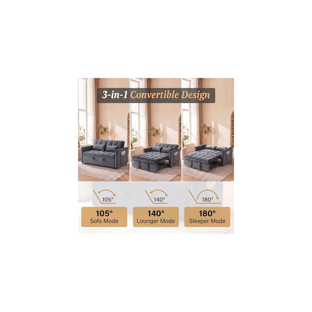 Sleeper Sofa 54", Velvet Convertible Sofa Bed, Gray