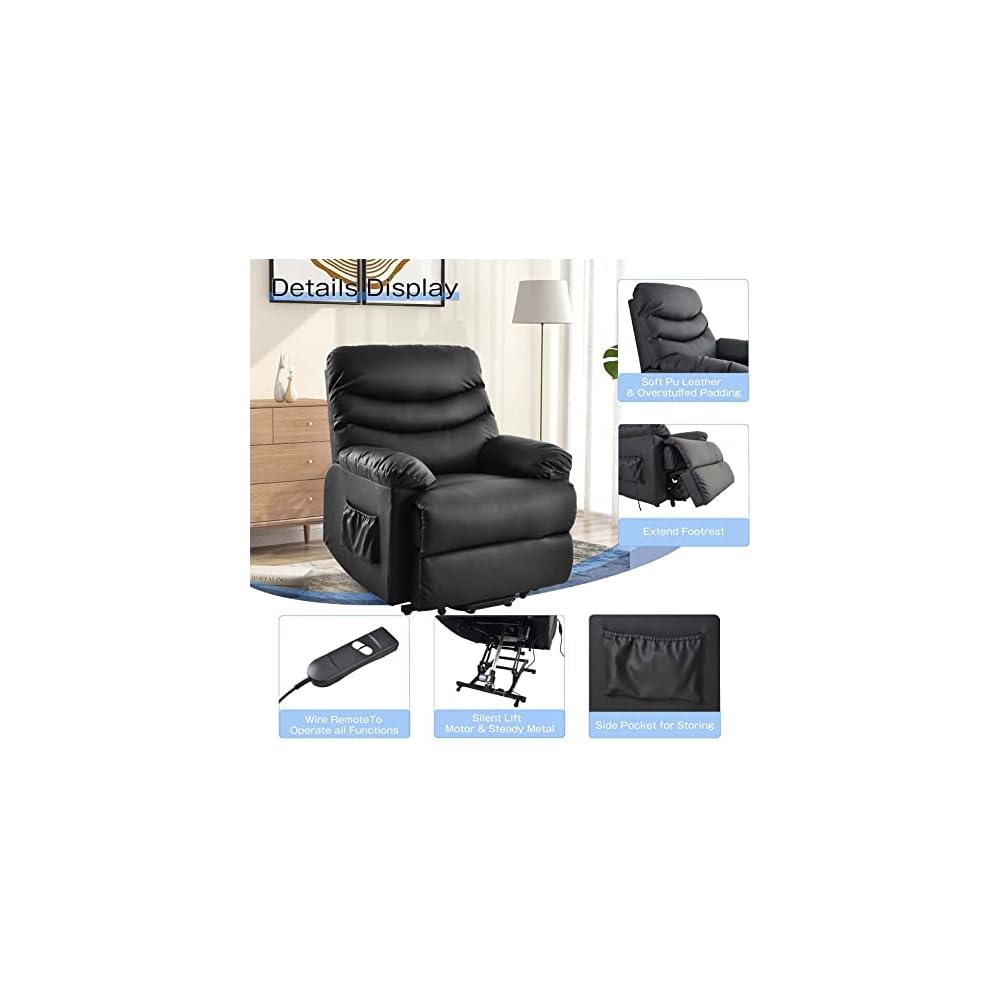 PU Leather Electric Power Lift Recliner Chair Sofa Home Leisure Recliner Chair for Elderly People with Remote Control, 32"x 39"x 40.7", Black