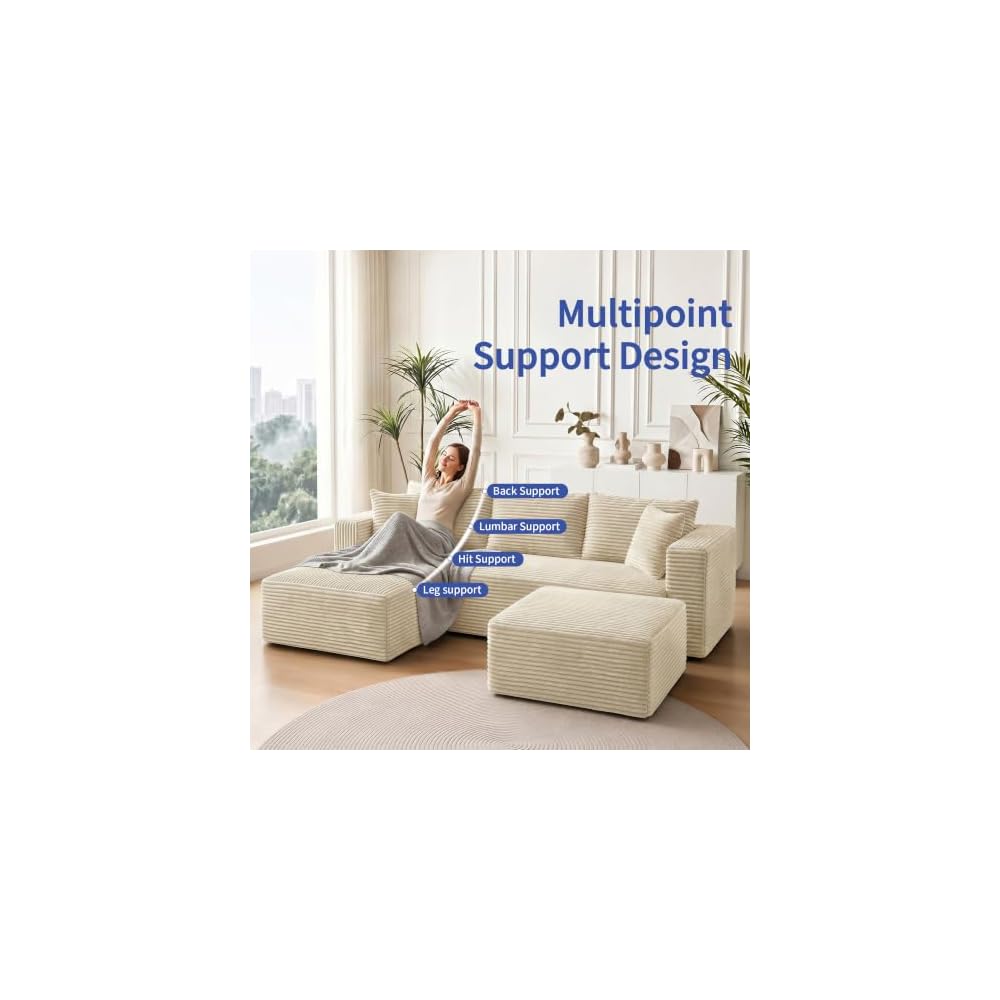 Camel Oversized Sectional Boneless Couches with Ottoman. Left Face Chaise