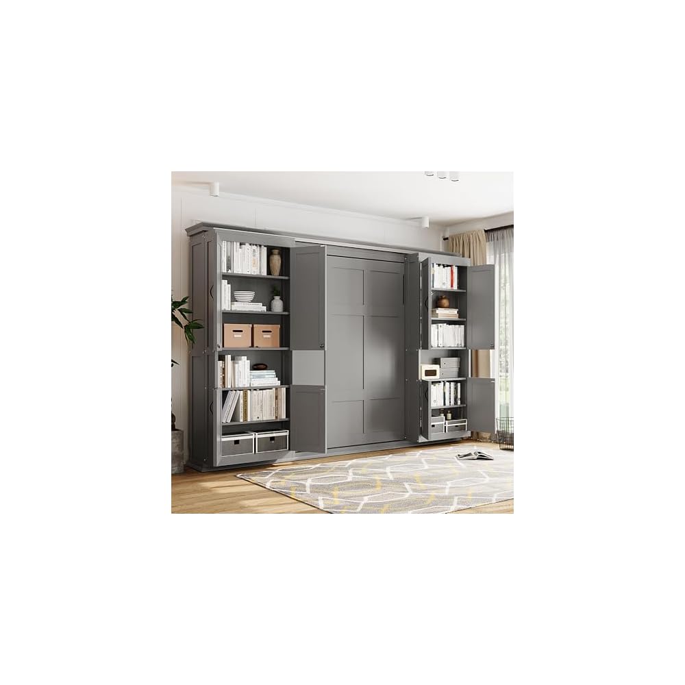 VilroCaz Modern Full Murphy Bed with Dual Sliding Doors Storage Cabinets, Wood Hidden Wall Bed with Dual 6-Tier Side Shelves, Large-Capacity& Space-Saving (Gray-12.9)