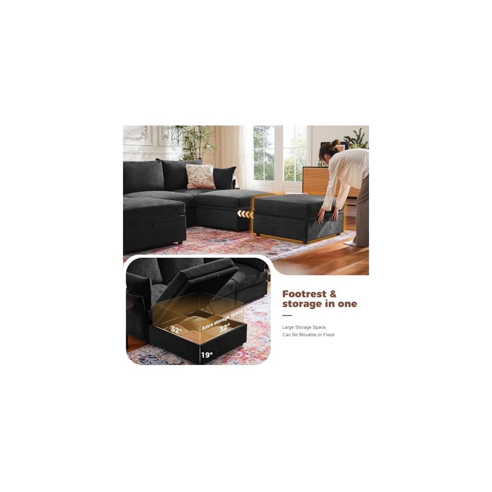 ABCASA 102.6" L Shaped Modular Sectional Couch with Washable Chenille Cover, 4 Seater Deep Seat Sofa with Storage Ottoman & Reversible Chaise for Living Room, Pet-Friendly, Black