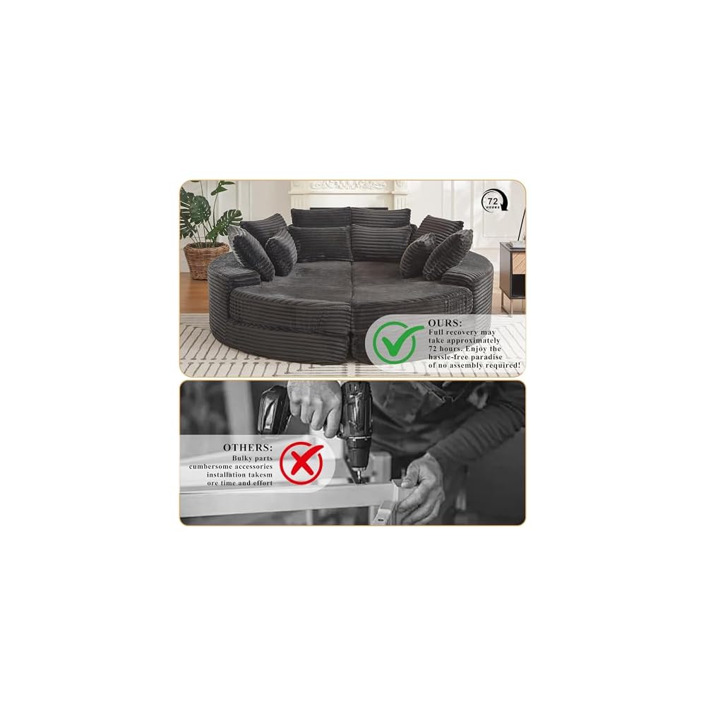 78.5" Boneless Corduroy Round Oversized Recliner, Converts into Two Recliners, 2-in-1 Sofa Bed, Neck Pillow Design with 5 Throw Pillows (Black, 78.5")