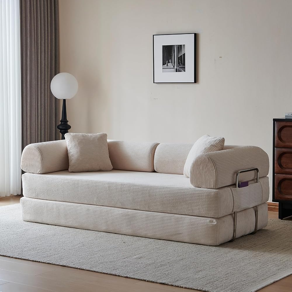 78.7" Convertible Sofa Bed, Boneless Couch Folding Sleeper Sofa with 2 Pillows, Foldable Floor Lounger with Pockets, Corduroy Pull Out Couch Bed for Living Room, Bedroom, Reading Room, Office, White